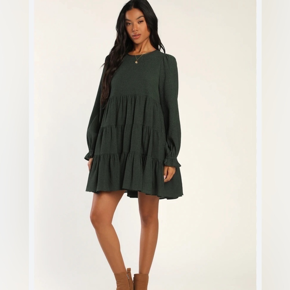 LULUS M long Babydoll Adorable days tiered green cottagecore boho mini dress